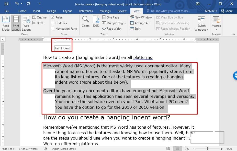 add hanging indent in word for mac